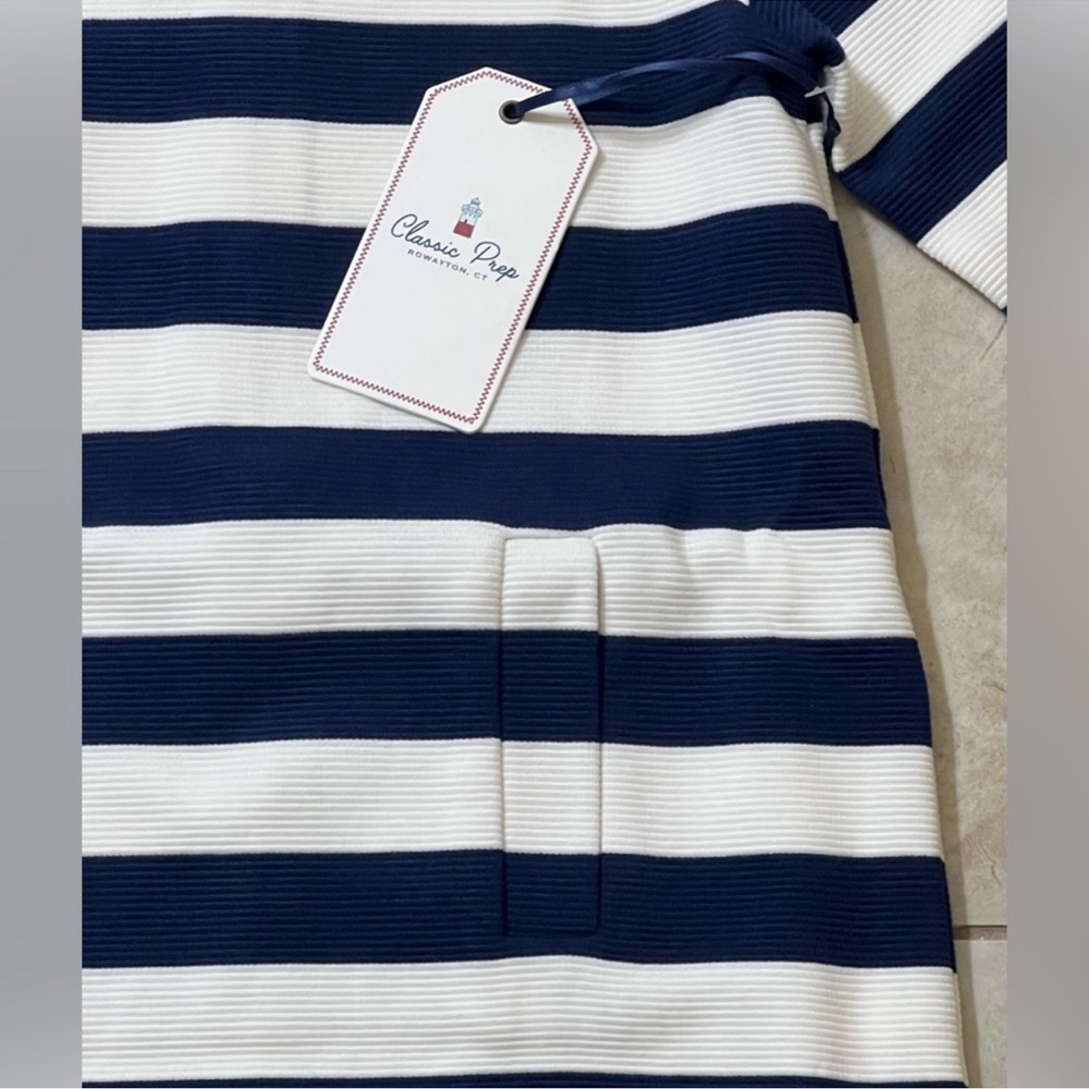 Classic Prep Girls Claudia Ottoman Navy and White Tahoe Striped Dress - Picture 2 of 4